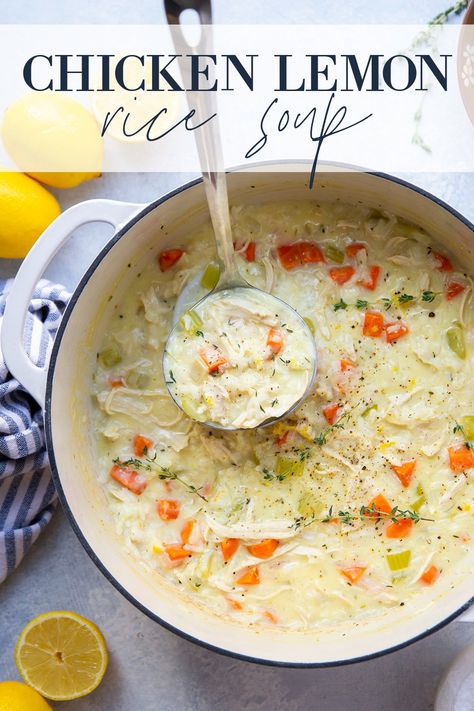 Perfectly creamy and loaded with hearty rice, chicken, and lots of fresh lemon, this chicken lemon rice soup comes together in one pot in less than an hour! Creamy Lemon Rice Soup, Lemon Chicken Rice Soup, Potato Cheddar Soup, Lemon Rice Soup, Lemon Chicken Soup, Lemon Soup, Greek Appetizers, Creamy Chicken And Rice, Rice Soup Recipes