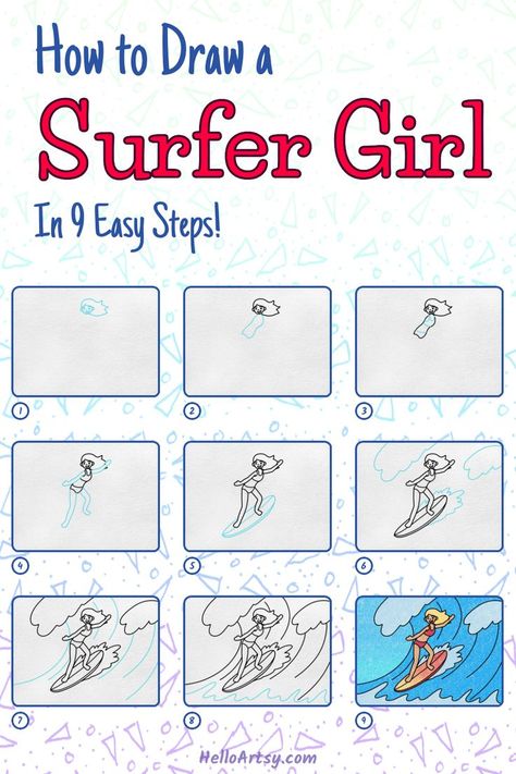 Step by step lesson showing a How to Draw a Surfer Girl Surfing Drawing Easy, Nautical Drawing, Beach Drawings, Surf Drawing, Perfect Drawing, Simple Boat, Full Drawing, Surf Painting, Girl Drawing Easy