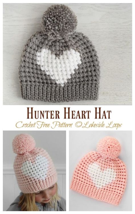 Hunter Heart Hat Crochet Free Pattern Toddler Hat Crochet, Easy Crochet Gifts, Cap Design Ideas, Hat Crochet Patterns, Winter Hat Crochet Pattern, Crochet Stocking, Funky Hats, Hat Patterns Free, Crocheted Hats