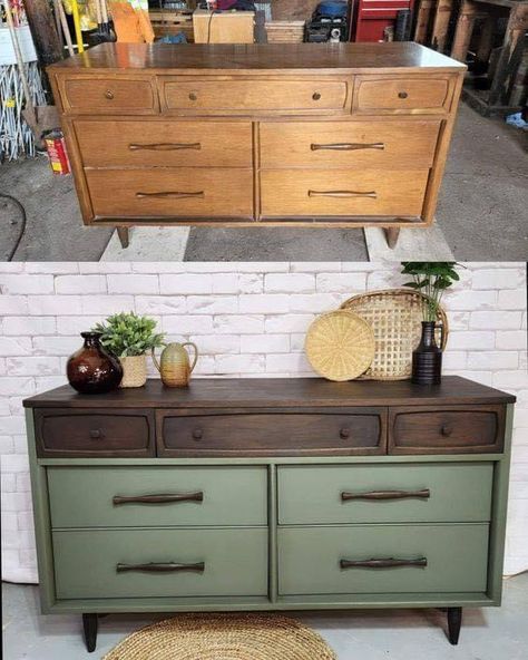 Modern Furniture Makeover Diy, Furniture That Goes With Green Walls, Tall Dresser Flips Before After, Boho Antique Furniture, Flipped Dresser With Mirror, Refinishing Dressers Ideas, Upcycled Dresser Ideas, Gray Wood Stain Furniture, Painted Farmhouse Furniture