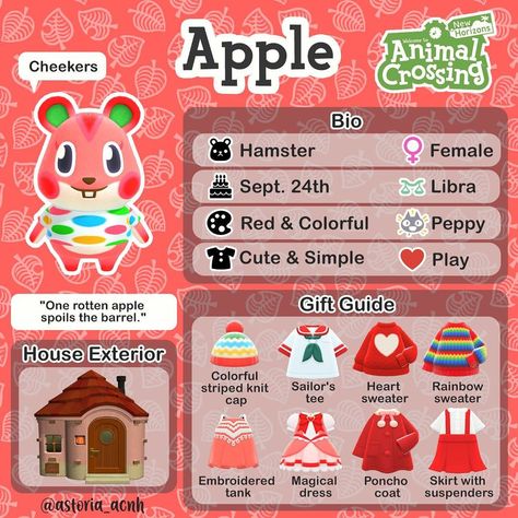 Hello from Astoria✨ on Instagram: “Next up is baby Apple🍎🐹 She’s a cutie and I wouldn’t mind having her on my island! Do you like Apple?🤭 • • • • • • • • • #animalcrossing…” Apple Acnh, Acnh Cafe, Villagers Acnh, Acnh Characters, Acnh Guide, Animal Crossing Amiibo Cards, Ac Ideas, Baby Apple, Leaf Animals