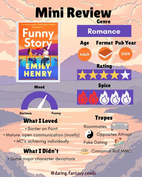 ✨ 𝑀𝒾𝓃𝒾 𝐵𝑜𝑜𝓀 𝑅𝑒𝓋𝒾𝑒𝓌 📖 Funny Story by Emily Henry 💬 Tell me a Funny Story that has happened to you! Emily Henry is one of my auto-buy authors and Funny Story did not disappoint. Full of her trademark sharp hilarious banter and delicious slow burning tension, I enjoyed every minute of Daphne and Miles’ story. This book had some fan favourite tropes including fake dating and forced proximity, but they were done in a mature way and mixed with some honest communication and recognition of the o... Funny Story Emily Henry Fan Art, Miles And Daphne Funny Story, Funny Story Emily Henry, Favourite Tropes, Mini Book Review, Honest Communication, Funny Romance, Fake Dating, Emily Henry