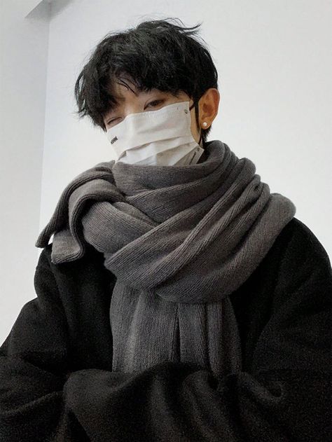 Grey Casual,Classic Collar  Acrylic  Scarf Embellished   Men Accessories Japanese Winter Fashion Men, Heavy Winter Outfits, Cozy Outfit Men, Scarf Reference, Winter Clothes Men, Winter Comfy Outfits, Scarf Outfit Men, Japanese Winter Fashion, Oversized Hoodie Outfit