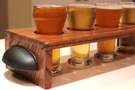 fits small snifters as well Beer Flight Holder, Beer Flight Tray, Beer Flight Paddle, Beer Sampler, Beer Crafts, Beer Flight, Beer Holders, Woodworking For Kids, Beer Tasting