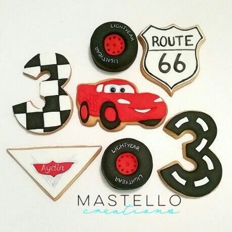 Lightning McQueen themed cookies 3rd birthday party made by Mastello Creations Mcqueen Cookies, Lightning Mcqueen 3rd Birthday, Lightning Mcqueen Cookies Decorated, Lighting Mcqueen Cookies, Cars Cookies, Mcqueen Cookies Birthday, Lightning Mcqueen Cookies, Macqueen Theme Party, Cars Cookies Disney