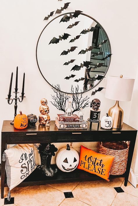 Entrance Table Halloween Decor, Entryway Halloween Decor Ideas, Halloween Decor Around Tv, Entry Way Table Halloween Decor, Halloween End Table Decor, Halloween Decorations Office Ideas, Halloween Decor Ideas For The Home, Entryway Halloween Decor, Halloween Decor Entryway