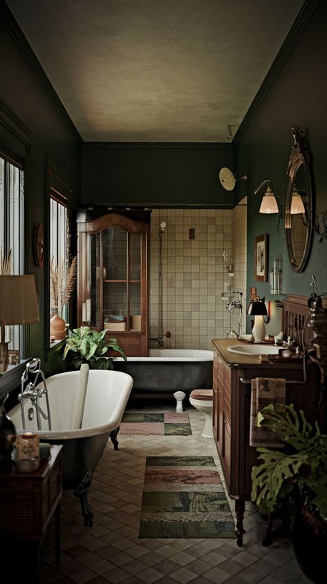 Explore 10 stunning moody vintage bathroom ideas that blend timeless design and a cozy, nostalgic aesthetic. Discover unique tips for incorporating antique decor, vintage fixtures, dark color palettes, and more to transform your bathroom into a captivating, luxurious retreat with classic charm. Moody English Cottage Bathroom, Small Dark Academia Bathroom, Antique Bathroom Decor Ideas, Green And Red Bathroom, Vintage Bathroom Shelves, Cozy Maximalism Bathroom, Small Moody Bathroom Ideas, Restroom Wallpaper, Dark Moody Bathroom Ideas