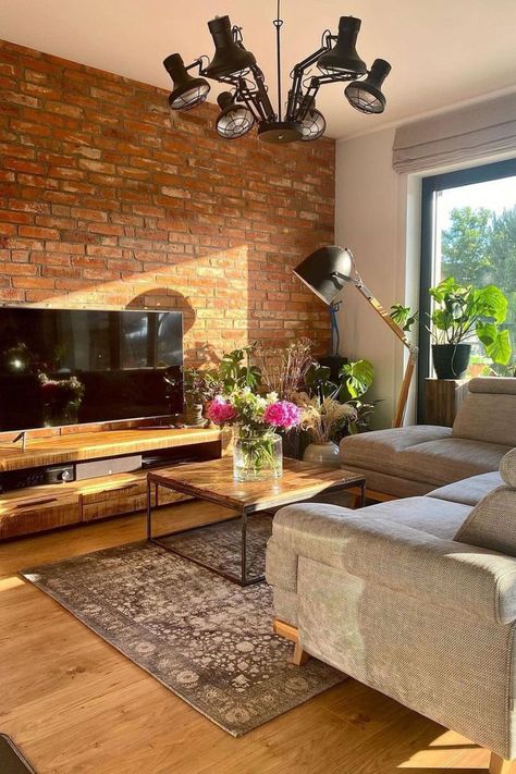 Brick Wall Interior Living Room, Brick Wall Interior, Brick Interior Design, Brick Wall Living Room, Brick Wall Decor, Brick Living Room, Ruang Tv, Brick Interior Wall, Drawing Room Decor