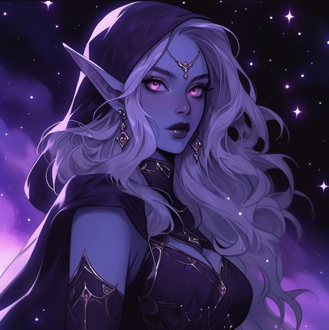 Tiefling Female Purple Skin, Drow Monk Dnd, Drow Sorcerer Female, Moon Elf Rogue, Dnd Drow Character Design, Astral Elf Female Dnd, Female Drow Dnd, Draconic Sorcerer Dnd, Drow Female Art