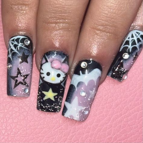 Screenshot for your Halloween hello kitty nail inspo ! 🕸️⭐️🖤 Or book with me ! @the_missperfect #hellokittynails #halloweennails #gelx #themissperfect (Wish I did more details on the bow💔) Hello Kitty Halloween Nails, Nails Hello Kitty, Halloween Hello Kitty, Hello Kitty Nail, Kitty Nail, Hello Kitty Nails, Hello Kitty Halloween, Nails Halloween, Cat Nails