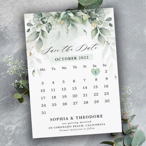 $2.8 - Eucalyptus Greenery Gum Botanical Rustic Calendar - eucalyptus greenery baby's breath, green watercolor gold glitter wreath, elegant modern spring midsummer bouquet, soft pastel unique chic template, sage garden leaf stylish theme, simple outdoor winter golden succulent, dusty foliage fall minimal eucalypt, natural eco botanical leaves woodland, minimalist gypsophila lush gum leafy, trendy budget sh Eucalyptus Save The Date, Sage Green Wedding Theme, Botanical Calendar, Sage Garden, Green Themed Wedding, Rustic Save The Dates, Botanical Leaves, Soft Watercolor, Watercolor Greenery