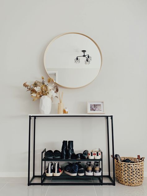 Shoe Shelf Entryway Small Entry, Shoe Rack Apartment Entryway, Black Entry Table Ikea, Shoe Rack Ideas Entryway Entrance, Apartment Entryway Ideas Narrow Hallways, Minimal Entryway Black Shelf, Entry Way Shoe Storage Wnd Table, Small Hallway Table, Small Apartment Entryway