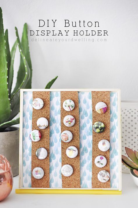 See how easy it is to create a simple DIY Button and Flair Pin Display Holder!! Delineate Your Dwelling Button Display, Enamel Pin Display, Diy Hanging Shelves, Enamel Pin Collection, Diy Buttons, It Goes On, Cork Board, Simple Decor, Crafty Ideas