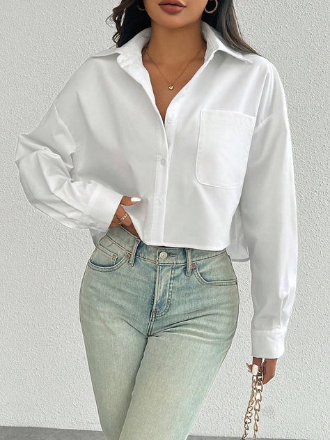 SHEIN Essnce Women's Spring/Summer Solid Color Loose Fit Drop Shoulder Long Sleeve Cropped Casual Shirt With PocketI discovered amazing products on SHEIN.com, come check them out! Button Up Shirt Women, Cropped White Shirt, Petite Casual, Oversized White Shirt, Corset Shirt, Plain Shirt, Women Blouses, Plain Shirts, White Casual