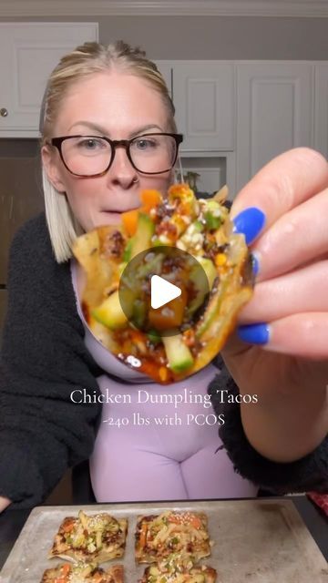 Dumpling Tacos, Cabbage Chili, Samantha Milton, Pickles Carrots, Taco Slaw, Dried Cilantro, Low Cal High Protein, Chili Oil Recipe, Chicken Dumpling