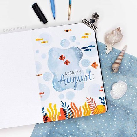 Ocean Bullet Journal, August Bullet Journal Ideas, Goodbye August, August Bullet Journal, Bullet Journal Page, Organization Bullet Journal, Journal Layouts, Bullet Journal Ideas Templates, Bullet Journal Cover Ideas