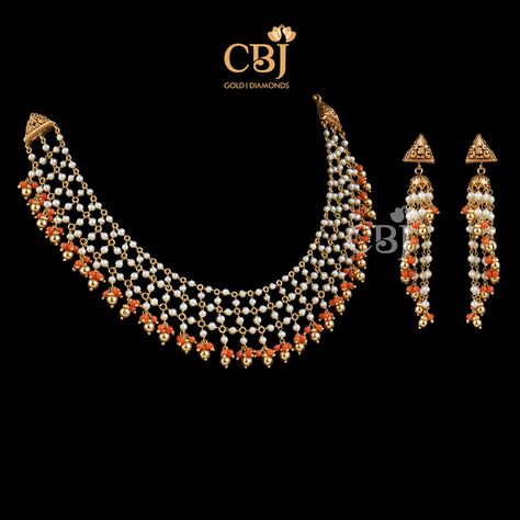 Pearl Jaali Necklace With Coral Beads Jaali Design Gold Necklace, Coral Gold Necklace Designs, Coral Beads Jewellery, Coral Jewelry Set, Jewelry Set Design, Beads Jewellery, Pearl Design, Coral Jewelry, Silver Prices