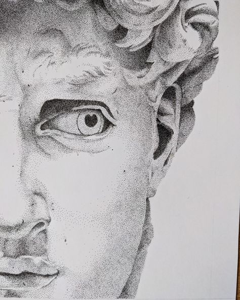 Stippling black and white ink about the David of Michelangelo. David Michelangelo Drawing, Michelangelo David, David Michelangelo, Michelangelo's David, Pencil Art Drawings, Stippling, Art Drawings Sketches Simple, Horse Painting, Art Plastique