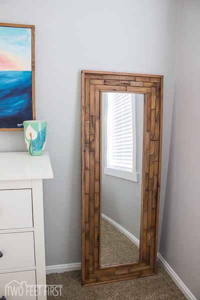 DIY $6 Full Length Mirror Cheap Full Length Mirror, Full Length Mirror Diy, Cheap Mirrors, Boho Mirror, Monday Funday, Diy Hanging Shelves, Mirror Frame Diy, Mirror Makeover, Wooden Mirror Frame