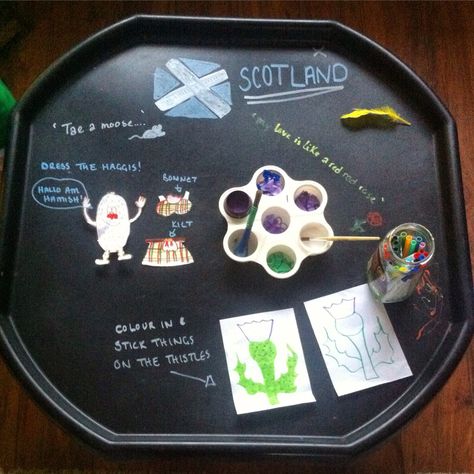 Burns night themed tuff tray. A collage thistle pic using different types of materials and dress the haggis Burns Night Eyfs, Burns Night Activities, Burns Night Crafts, Tuff Tray Ideas, Burns Day, Night Activities, November Crafts, Easy Toddler Activities, Burns Night