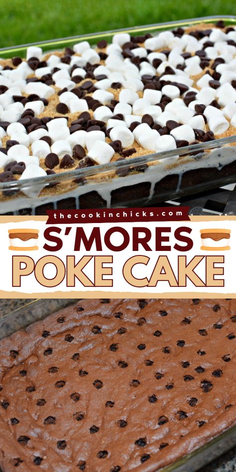 A tasty summer dessert idea for a simple 4th of July dessert! This S’mores Poke Cake recipe transform your boxed cake mix into a delectable summer dessert full of yummy layers. The perfect way to cap off a summer gathering! Cakes For Bbq Party, Chocolate Potluck Desserts, Dessert Recipes Labor Day, Food Ideas For Potlucks, Desserts To Take To A Cookout, Bbq Cookout Desserts, Desserts For Team Dinners, Marshmallow Chocolate Poke Cake Recipe, Dessert For Barbeque Party