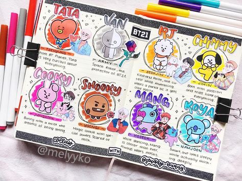 ✩ •:*  м є ℓ ι ѕ ѕ α ღ *:• ✩ on Instagram: “●•۰• BT21 •۰•● ✿ it’s again a collab and this time with the amazing @studdy_bunny! She’s so adorable and we decided to do a BT21 spread!…” Bt21 Journal, Bts Journal Ideas, Bts Journal, Bullet Journal Notes, Kpop Journal, Bullet Journal Mood, Bullet Journal Aesthetic, Bullet Journal Notebook, Diary Ideas