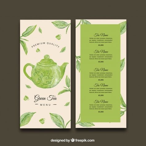 Tea menu template with different drinks ... | Premium Vector #Freepik #vector #menu #leaf #tea #drink Tea Menu Design, Tea Menu Ideas, Kombucha Labels, Tea Infographic, Tea Room Design, Tea Branding, Different Drinks, Price List Design, Square Brochures