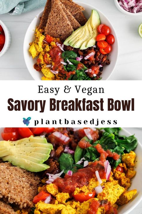 View on a bowl of vegan savory breakfast bowl. Vegan Savory Breakfast, Breakfast Power Bowl, Scramble Bowl, Vegan Breakfast Bowl, Breakfast Tofu, Easy Vegan Breakfast, Tomato Breakfast, Tofu Breakfast, Vegan Breakfast Easy