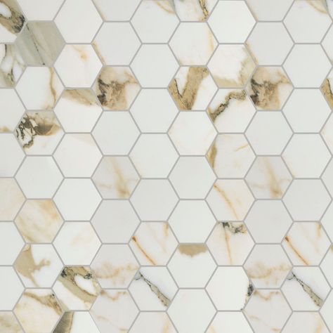 Calacatta Viola Bathroom, Honeycomb Tiles Kitchen, Calacatta Gold Bathroom, Porcelain Hexagon Tile, House Finishes, Calcutta Gold, Honeycomb Tile, Hexagon Backsplash, Kitchen Backsplash Designs