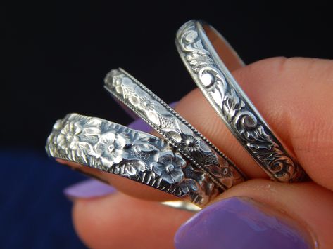 The Florals Set comes with three stunning floral bands forged in sterling silver. They will be so fun to mix and match with any rings you already have! They also make perfect friendship rings! Details: This ring set comes with three beautifully etched floral bands Sterling silver I can make this set in any size from 4 - 17. Just let me know with a note at checkout! This item will be shipped within 10 business days. Each piece is handmade by me in my studio by the beach in beautiful Marina Del Re Violet Moon, Permanent Jewelry, Friendship Rings, Dope Jewelry, Funky Jewelry, Jewelry Lookbook, By The Beach, Moon Jewelry, Fantasy Jewelry