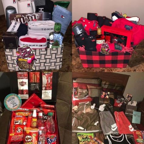 Birthday Gifts For Boyfriend Diy Baskets, Boys Vday Basket, Vday Gift Basket For Him, Mens Valentines Basket Ideas, Valentines Gift Baskets For Boyfriend, Valentine Day Baskets Ideas For Him, Stuff To Get Your Bf For Valentines Day, Boy Best Friend Gift Ideas, Bae Baskets Valentines For Him