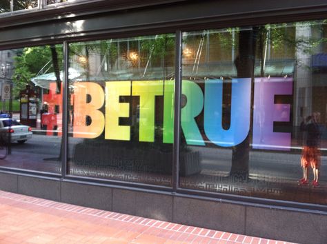 Just Be TRUE. Nike store window decor during gay pride week portland,O Pride Window Display, Environment Graphics, Pride Display, Pride Celebration, Experiential Graphic Design, Pride Week, Display Retail, Window Display Retail, Pride Design