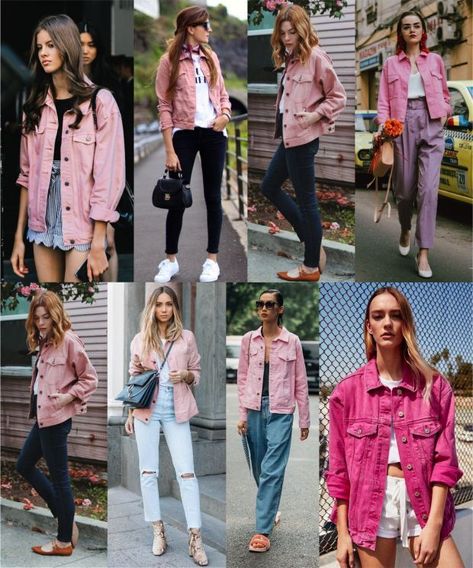 Styling Pink Jacket, Outfits With Pink Jacket, Pink Denim Jacket Outfit Women, Pink Jeans Jacket Outfit, Rose Jacket Outfit, Outfits Con Rosa, Pink Jean Jacket Outfit, Jacket Pink Outfit, Pink Denim Jacket Outfit