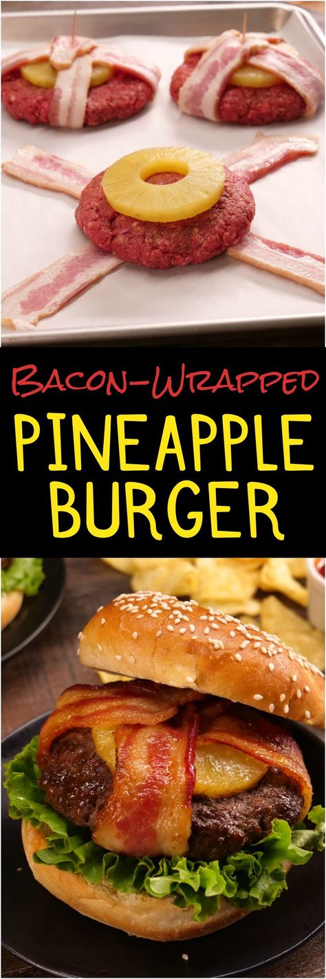 You know what they say: "Good things come in bacon-wrapped packages." This sweet & smoky BBQ burger topped with caramelized pineapple is such a good thing. Pineapple Bacon Burgers, Pineapple Burger, Bbq Food Ideas, Barbecue Ideas, Bacon Wrapped Pineapple, Burger Ideas, Caramelized Pineapple, Dinner Beef, Bbq Burger