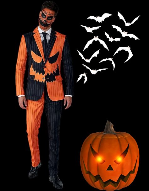 - 100% Polyester - Imported - Button closure - Machine Wash - JACK-O PINSTRIPE: Pumpkins! It's time to get spooky! This Jack-o Lantern Pumpkin Suit is great for office parties and Scary Halloween festivities at night! Pumpkin Man Costume, Pumpkin Costume Adult, Jack O Lantern Costume, Pumpkin Suit, Evil Pumpkin, Pumpkin Halloween Costume, Homemade Halloween Decorations, Pumpkin Man, Suit Costume