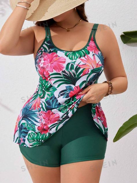 SHEIN Swim Classy Plus Size Splicing Tropical Print Round Neck Tankini Swimsuit Set | SHEIN USA Swimsuit For Big Tummy, Classy Plus Size, Boho Fashion Spring, Ripped High Waisted Jeans, Latest Dress For Women, Tankini Swimsuit, Elegant Dresses For Women, Swim Suits, Tankini Set