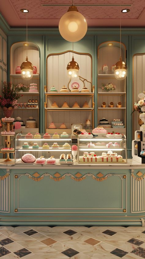 Cake Shop Decoration Rendering: Exploring Styles and Colors Dessert Shop Design Interiors, Victorian Bakery Shop, Pastel Bakery Aesthetic, Store Ideas Design, Bakery Shop Ideas, Cute Pastry Shop, Cookie Shop Interior, Dessert Shop Interior, French Patisserie Shop