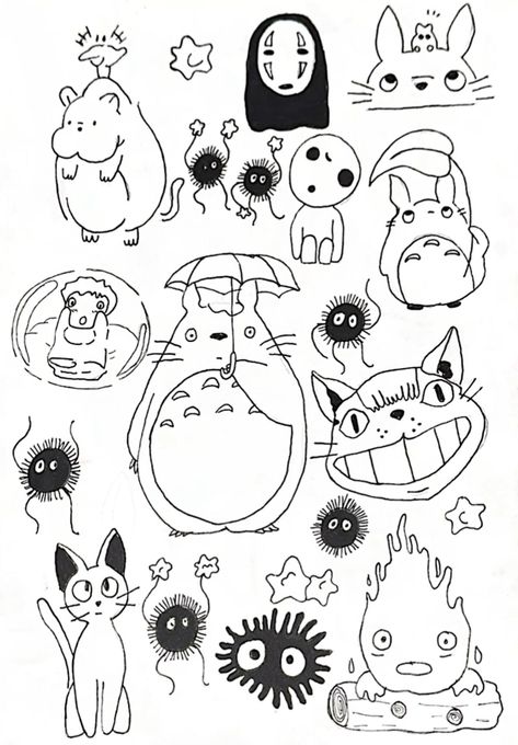 Anime Doodle Tattoo, Studio Ghibli Flash Sheet, Studio Ghibli Line Art, Vinyl Doodle, Studio Ghibli Doodles, Ghibli Doodles, Studio Ghibli Flash Tattoo, Ghibli Sketch, Studio Ghibli Tattoo Ideas