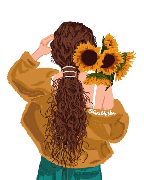 Flower girl holding sunflower illustration autumn 🍂 vibes Holding Sunflower, Sunflower Illustration, Long Hair, Sunflower, Flower Girl, Hair