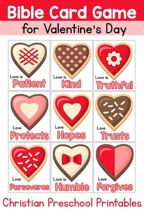 Free Bible Verse Printables for Valentine's Day. Bible Card Games, Love is Patient Bible Coloring and Valentine's Day Cards Christian Valentines Cards, Sunday School Valentines, Printable Bible Verses Free, Church Valentines, Valentine Bingo, Happy Home Fairy, Christian Preschool, Christian Valentines, Valentines Games