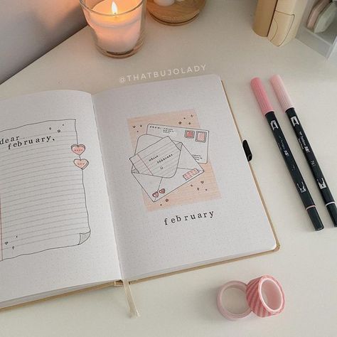 Bujo Themes February, Letter Journal Ideas, February Bujo Theme, Bujo Front Page, End Of Month Journal, Year Cover Page, Cute Notes Ideas, Page Cover Design, Bujo Spread Ideas