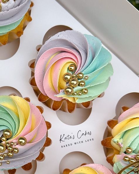 Rainbow swirls Cupcake liners and butterflies 🦋 @moreish.cakes Colours @colour.mill Sprinkles @inspiredbyzaraz Piping tips… | Instagram Pastel Cupcakes Birthday, Squishmallow Cake, Cupcake Swirl, Colourful Cupcakes, Cupcake Piping, Piping Frosting, Swirl Cupcakes, Gold Sprinkles, Colorful Cupcakes