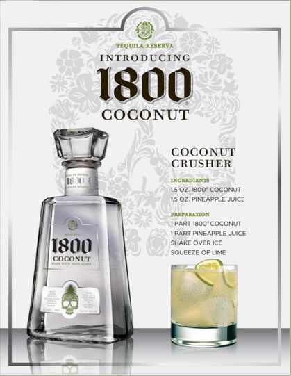 Coconut Crusher w/ pineapple juice and 1800 coconut tequila ~ trying this tonight ;) 1800 Coconut Tequila, Ciroc Coconut, Tequila Drinks Recipes, Coconut Tequila, Coconut Vodka, Tequila Recipe, Tequila Drinks, Blue Agave, Tequila Cocktails