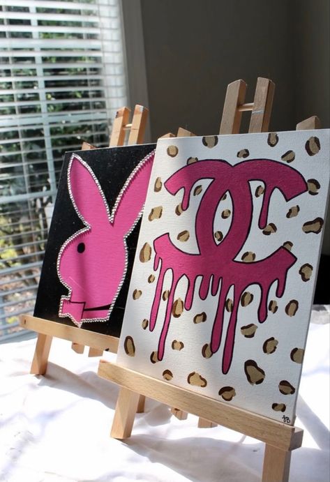 Bunny Canvas Painting, Neon Art Painting, Bunny Canvas, Themed Paintings, Tufting Diy, Pink Canvas Art, Chanel Set, Trippy Painting, Hippie Painting