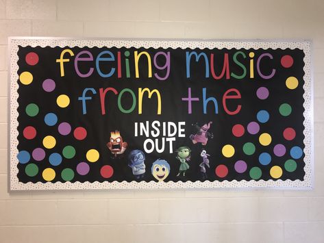 Disney Music Bulletin Board Inside Out Disney Music Bulletin Boards, Spring Music Bulletin Boards, Music Classroom Door Ideas, Back To School Music Bulletin Boards, Music Bulletin Boards Elementary, Choir Bulletin Boards, Inside Out Bulletin Board, Elementary Music Classroom Decor, Music Room Bulletin Boards