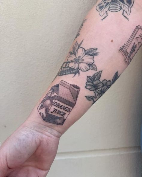 george on Instagram: "Added this little orange juice and a couple other pieces to Hannah’s arm! Some of my favourite tattoos are worn by her 💖" Orange Juice Box Tattoo, Orange Juice Carton Tattoo, Orange Juice Tattoo, Orange Tattoo, Juice Tattoo, Juice Carton, Juice Boxes, December 19, Orange Juice