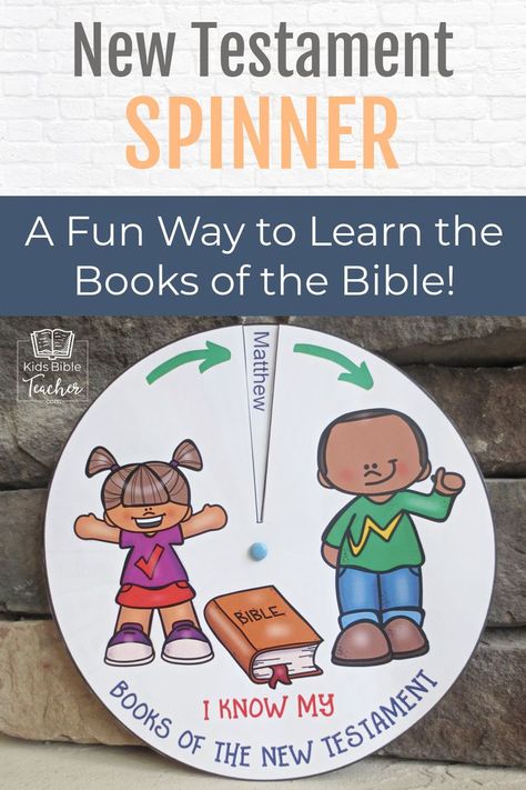 Help your kids learn the books of the New Testament with this fun FREE New Testament Spinner! | Books of the Bible | Sunday School Craft | Bible Lesson | Bible crafts for Kids Books Of The Bible Craft, School Bible Verses, Bible Study Games, Christian School Classroom, Old Testament Books, Spinner Craft, Old Testament Bible, Bible Worksheets, New Testament Books