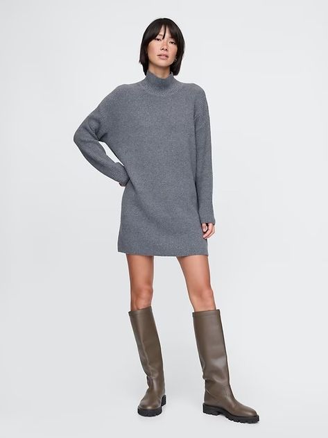 CashSoft Rib Turtleneck Mini Sweater Dress | Gap Sweater Dress With Boots, Turtle Neck Sweater Dress, Wife Style, Plush Yarn, Mini Sweater, Everyday Luxury, Turtleneck Sweater Dress, Sweater Dresses, Ribbed Turtleneck