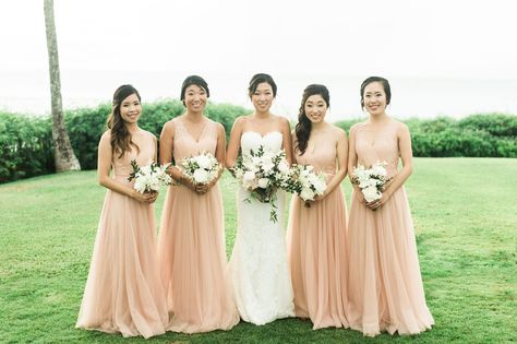 Peach Gowns, Four Bridesmaids, Peach Gown, Inside Weddings, Shades Of Peach, Tent Reception, Pale Peach, Wedding Inside, Bridesmaid Style