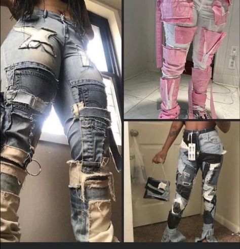 Distressed Skirt Outfits, Custom Denim Skirt Outfit, Custom Outfits Black Women, Stacked Jeans Outfit Black Women, Custom Stacked Jeans, Custom Pants Ideas, Custom Outfit Ideas, Costume Jeans, Custom Skirts